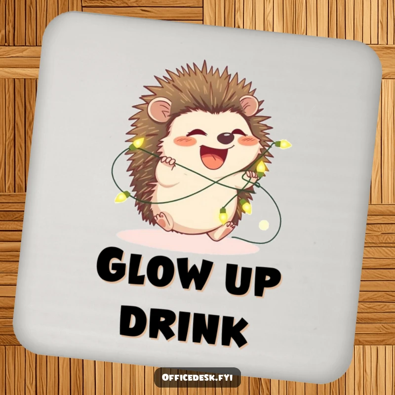 Funny hedgehog coaster, a hedgehog is hilariously tangled in a string of fairy lights, protects tables with humor.