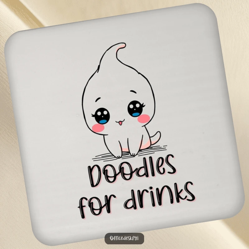 Funny drink coasters showing a kawaii pen character drawing a doodle with a flourish, adding a witty artistic touch.