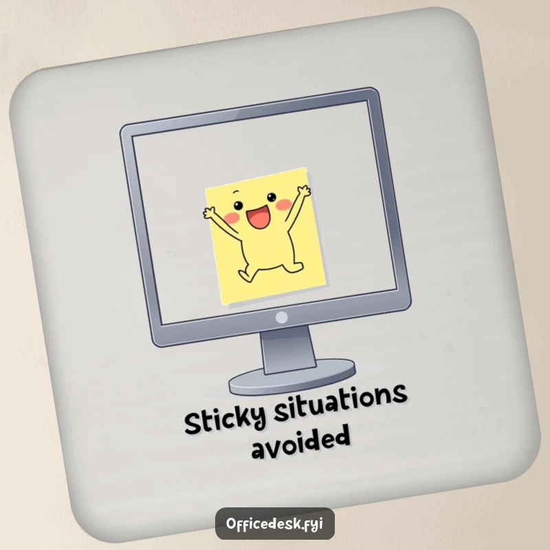 Funny Coaster: A small sticky note character joyfully leaping off a monitor edge, acting as a humorous drink protector.