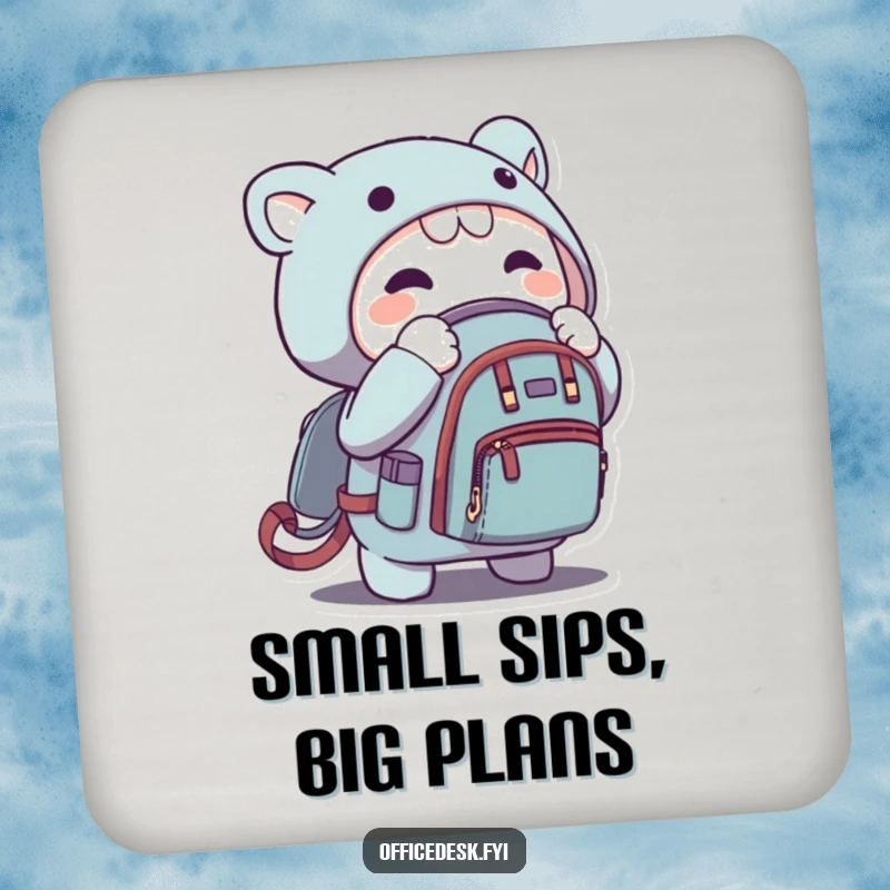 Funny drink coaster featuring a character zipping a microscopic backpack, adding a touch of humor to any table.