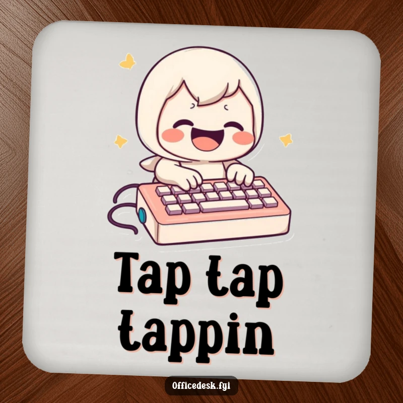 Funny Coaster: Playful character joyfully typing on a miniature keyboard, adding digital humor.