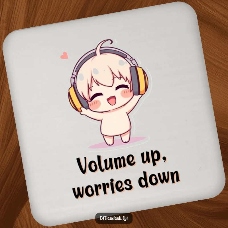 Funny drink coaster with a character in oversized headphones, enthusiastically bobbing its head, a small piece of musical humor.