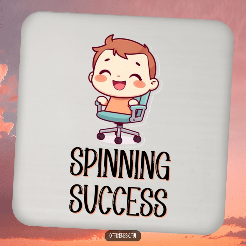 Funny tiny character with a joyful grin, riding a rolling office chair on protective and humorous drink coasters.