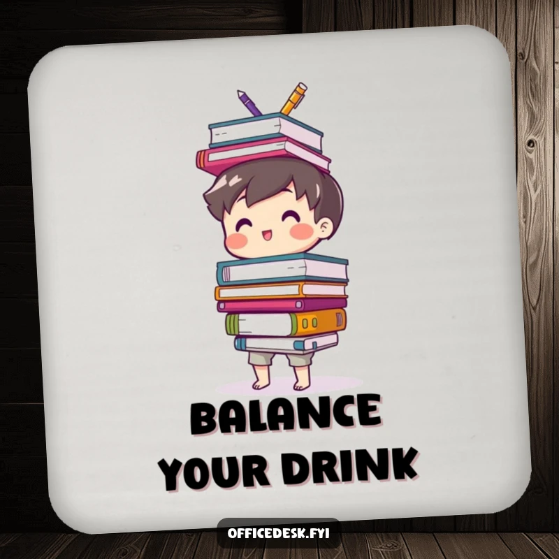 Funny drink coaster featuring a cute character happily balancing a stack of office supplies, adding a touch of desk wit.