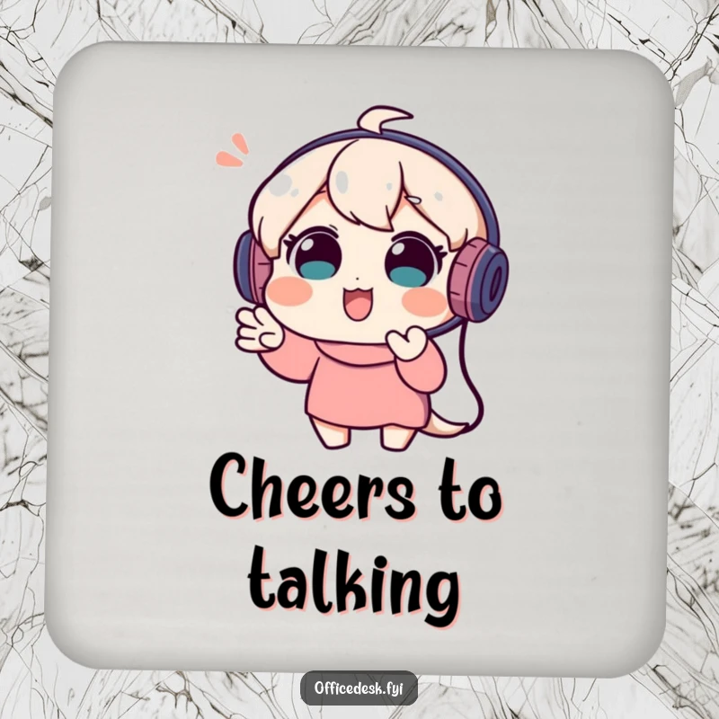 Funny drink coaster featuring a playful character in a headset, gesturing during a video call, representing energetic communication.