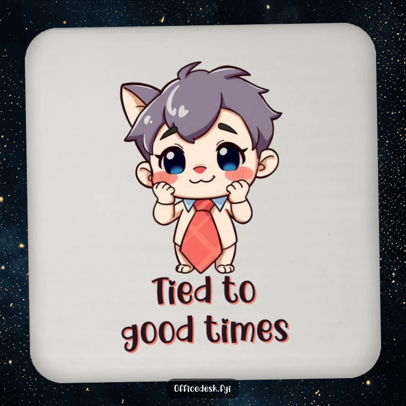 Funny Character Coaster: A curious character with a grin, adjusting a large, whimsical tie, adding humorous charm.