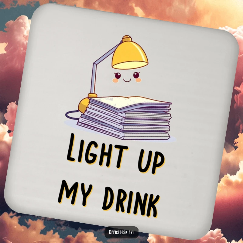 Funny desk lamp coaster, a miniature grinning lamp character illuminating a pile of papers, protects furniture with humor.