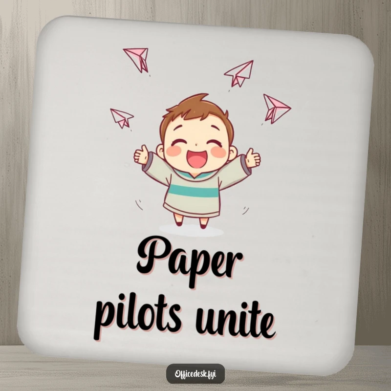Funny Paper Airplane Coaster: Cheerful character making paper airplanes that soar erratically, ideal funny gift.