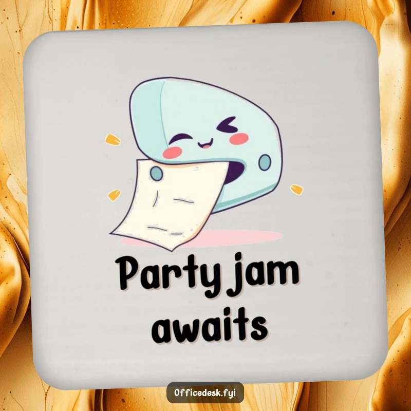 Funny drink coaster featuring a cute stapler character with a mischievous wink, jamming a giant paper.