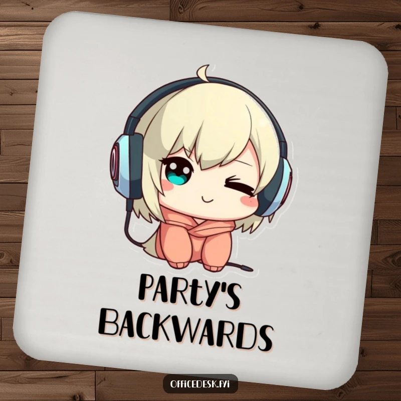 Funny drink coaster with a cute character winking mischievously while wearing headphones backwards, adding musical humor to surfaces.