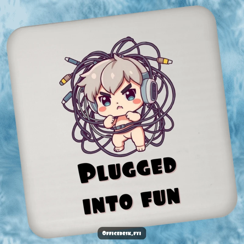 Funny Coaster: A determined character is shown heroically attempting to untangle a huge, messy knot of computer cables, desk accessory.
