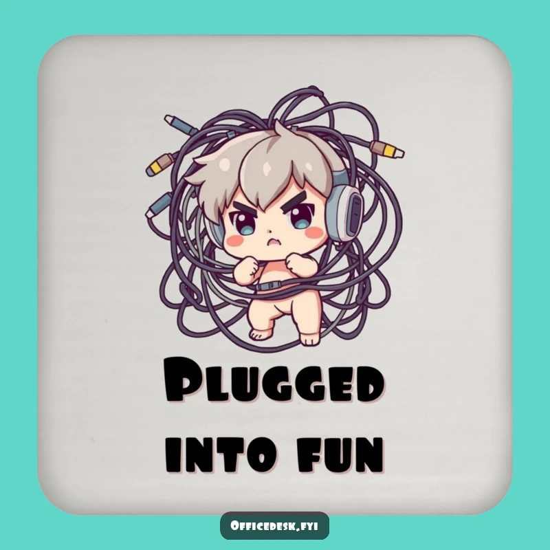 Funny Cable Management Coaster: Determined Character Tackling Tech Mess, Protect Surfaces Funny Gift