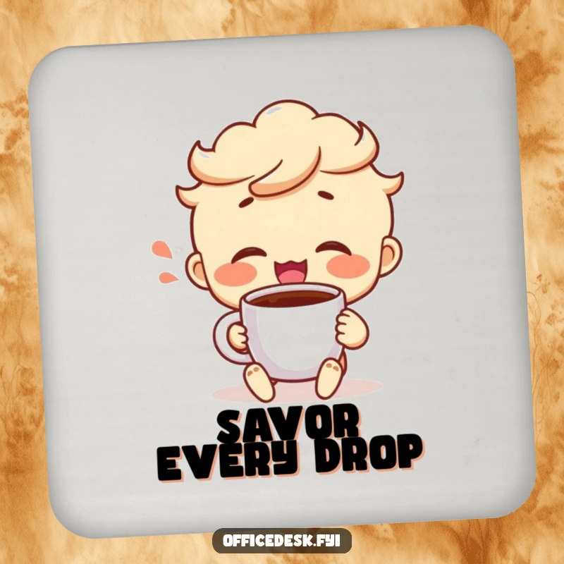 Funny drink coaster featuring a cheerful character taking a satisfied sip from a coffee mug, representing pure contentment and joy.