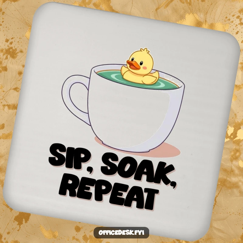 Funny drink coaster with a tiny character and rubber ducky floating in a large coffee mug, protecting surfaces with humor.