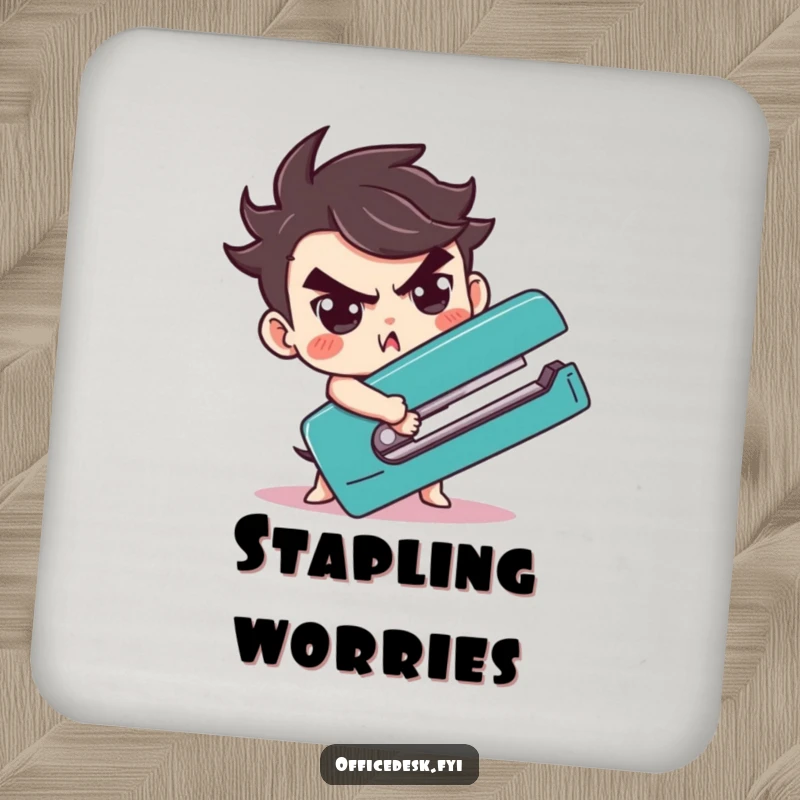 Funny character determinedly wrestling a giant stapler on protective and humorous office-themed drink coasters.