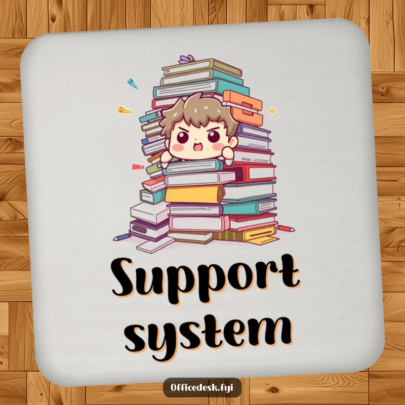 Funny Coaster: Determined character trying to hold up a collapsing pile of office supplies, symbolizing workplace challenges.