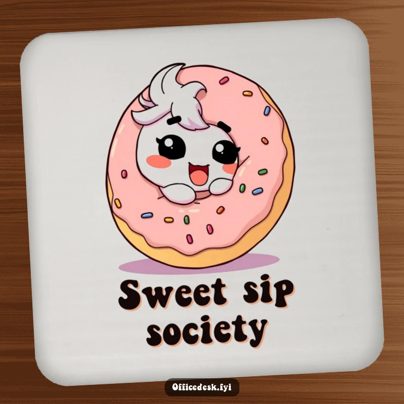 Funny Coaster: A cute character with a goofy grin happily about to eat a large, frosted donut, tabletop decoration.