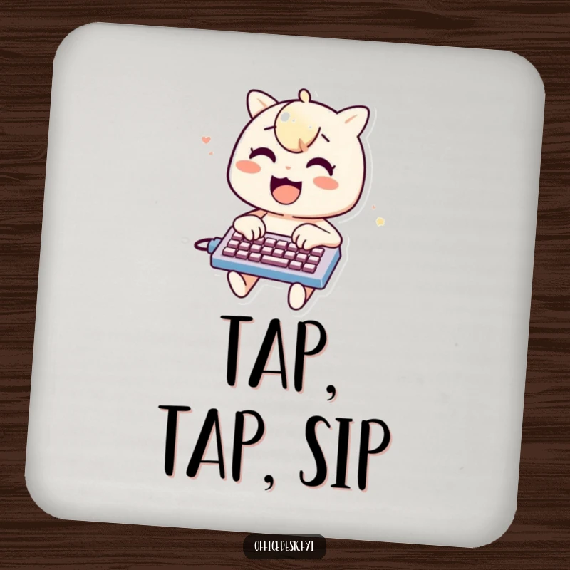 Funny drink coaster showing a cheerful character typing on a miniature keyboard, perfect for protecting surfaces with humor.