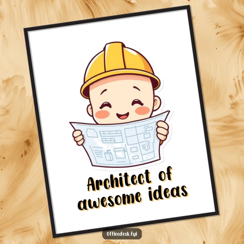 Funny construction worker smiling, hard hat, blueprint in hand, wall art, humorous inspiration, funny gift.