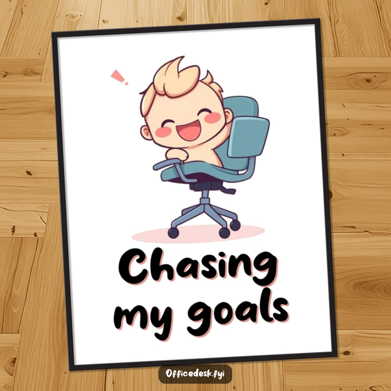 Funny poster of a smiling character in a comical, joyful struggle with a runaway office chair, full of dynamic humor.