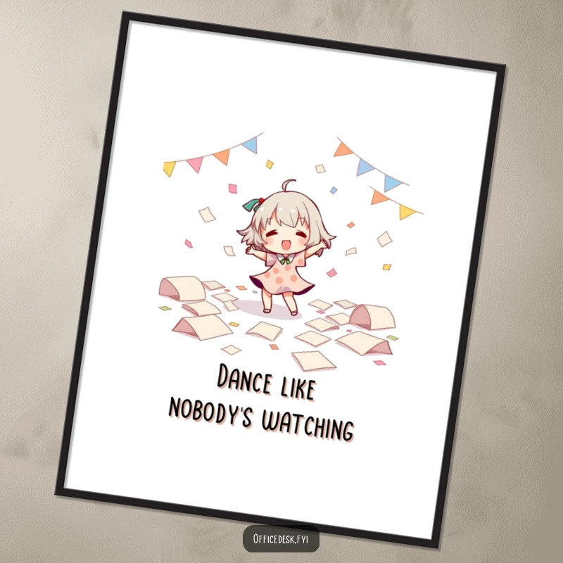 Funny Poster: Small character dancing ecstatically in a storm of papers, capturing the essence of spontaneous fun. Great funny gift.