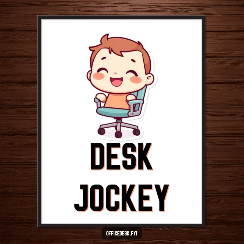 Funny tiny character with a joyful grin, riding a rolling office chair, presented as humorous wall art.