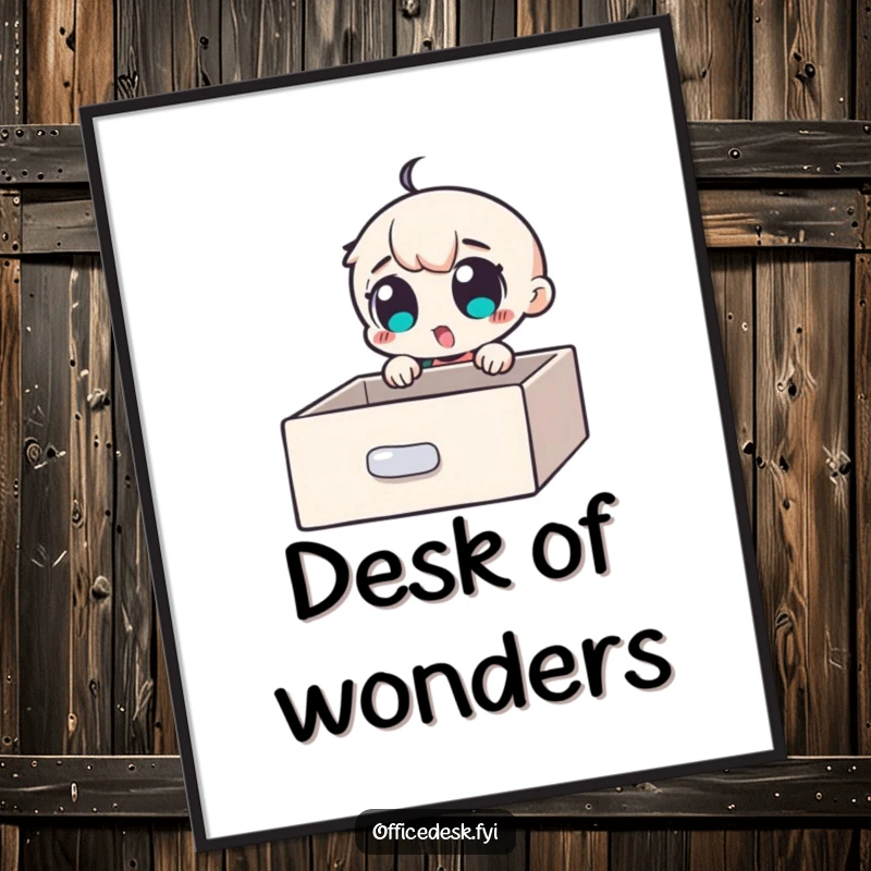 Funny Poster: A small character with wide, excited eyes discovering a hidden compartment inside a desk drawer, symbolizing hidden potential.