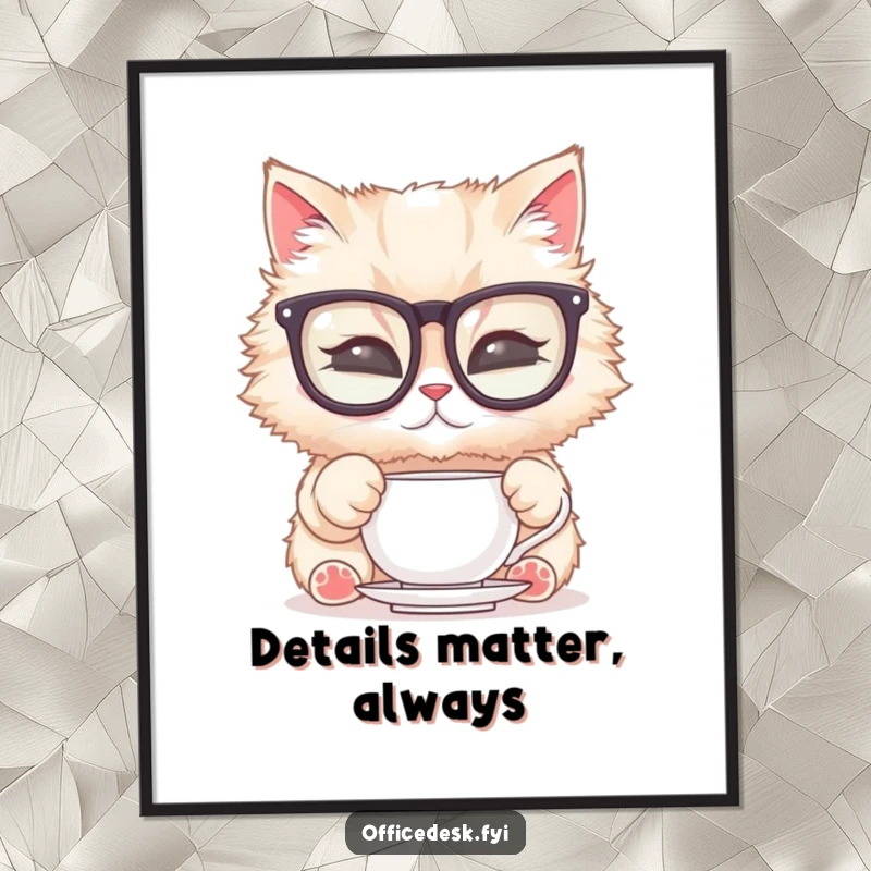 Funny Cat Glasses Poster: Sophisticated illustration of a fluffy cat in oversized glasses polishing a teacup, adding classy humor to wall decor.