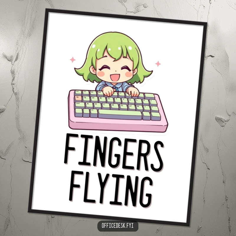 Funny Poster: A character energetically typing on a comically gigantic keyboard, celebrating the joy of digital creation.