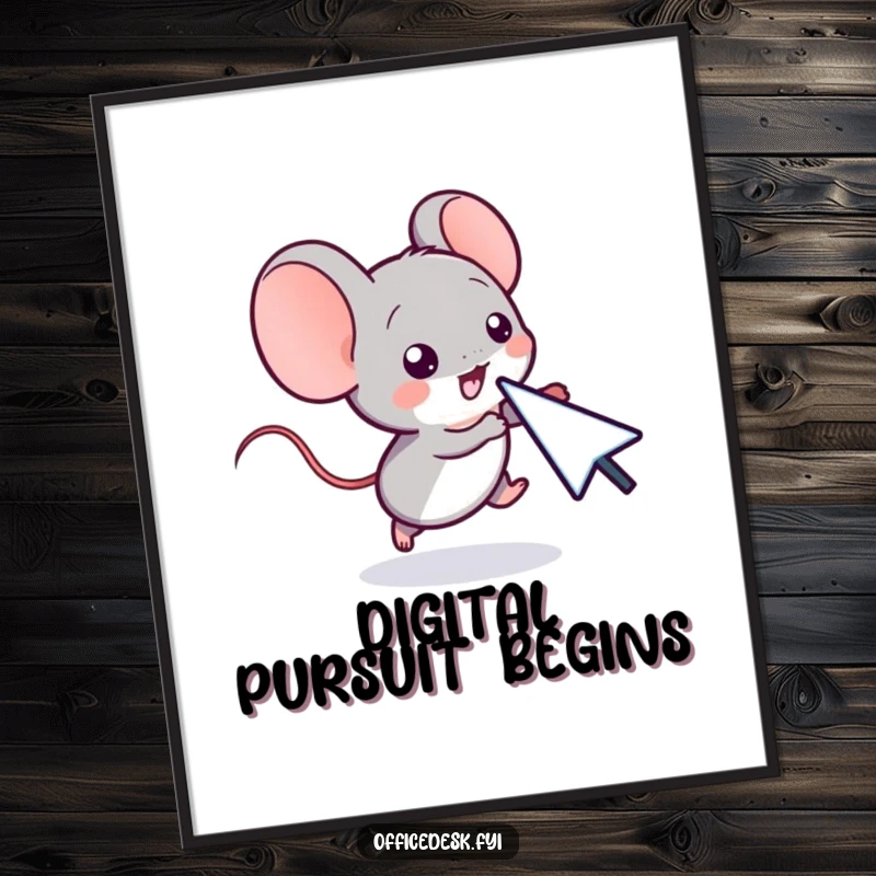 Funny poster of a small computer mouse character playfully chasing a cursor on a screen, adding dynamic digital humor.