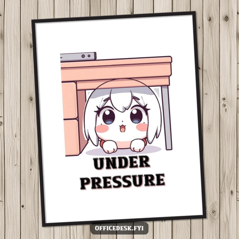 Funny poster of a surprised character hiding under a desk, eyes wide with comedic disbelief, perfect for humorous wall decor.