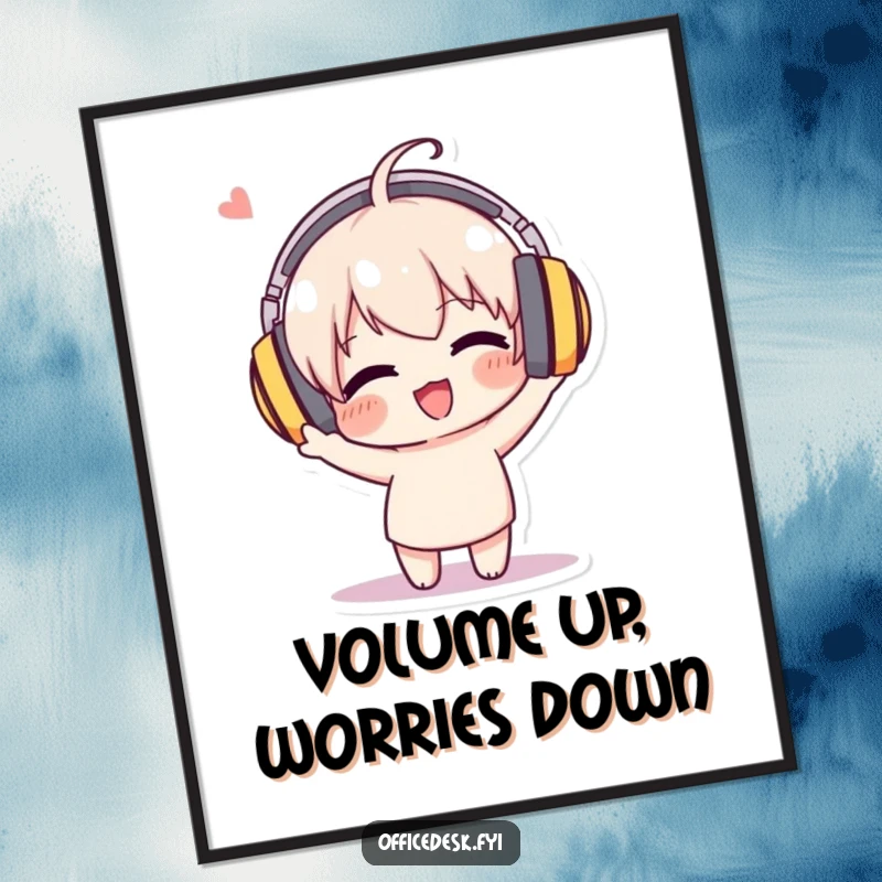 Funny poster of a character with enormous headphones, enthusiastically bobbing its head, exuding pure auditory bliss.