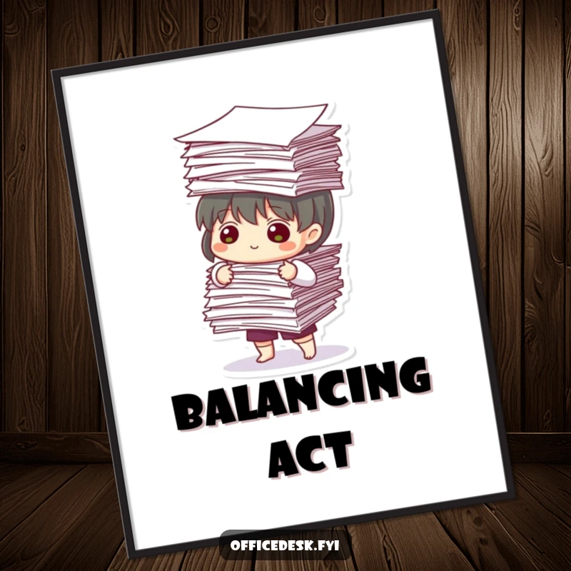 Funny Poster: A cute character with a strained expression tries to keep complete control of a towering stack of documents.