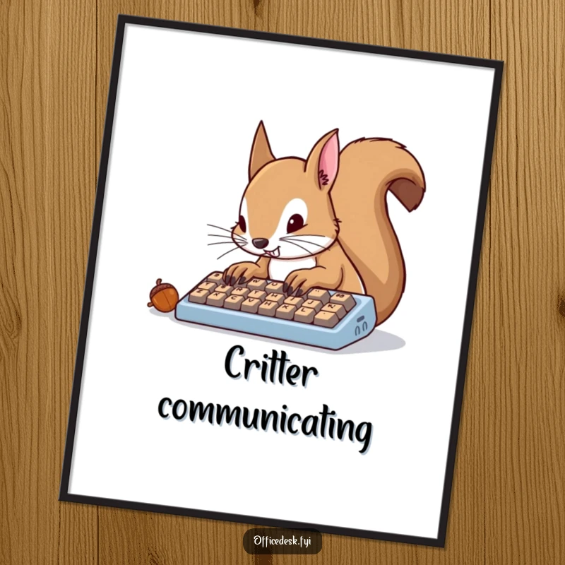 Funny determined squirrel furiously typing on a tiny keyboard with acorn keys, motivational art.