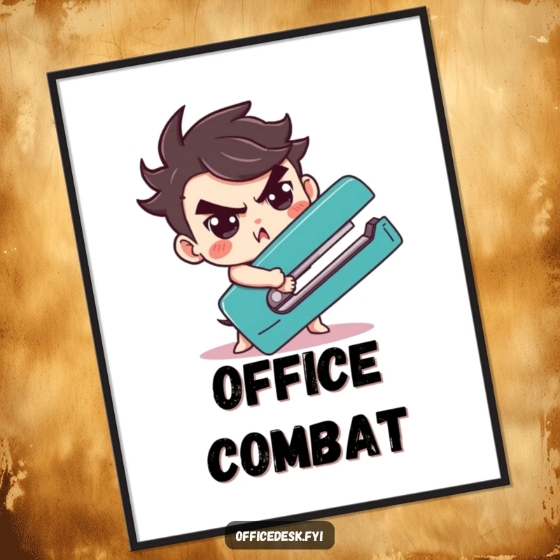 Funny character with a determined expression wrestling a giant stapler, presented as humorous wall art.