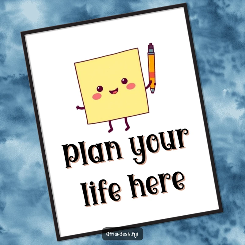 Funny poster print of a sticky note character happily dancing with a tiny pen, celebrating movement and cheerful vibes.