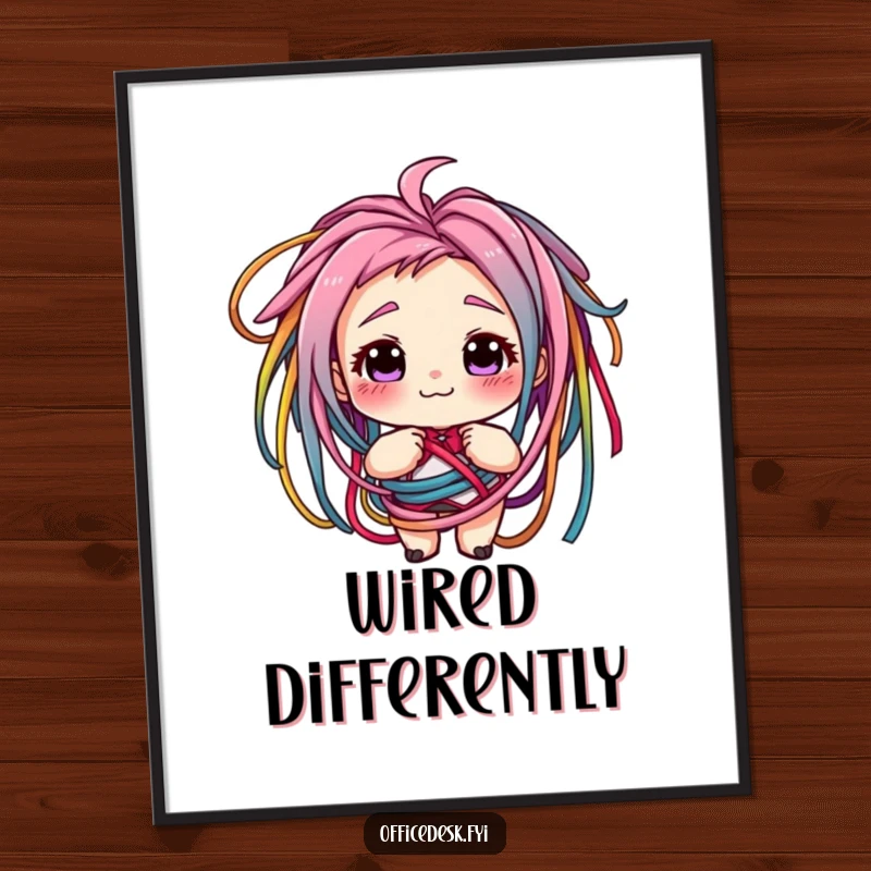 Funny poster art of a character grinning while tangled in colorful cords, representing the fun and frustration of technology. Cool decor.