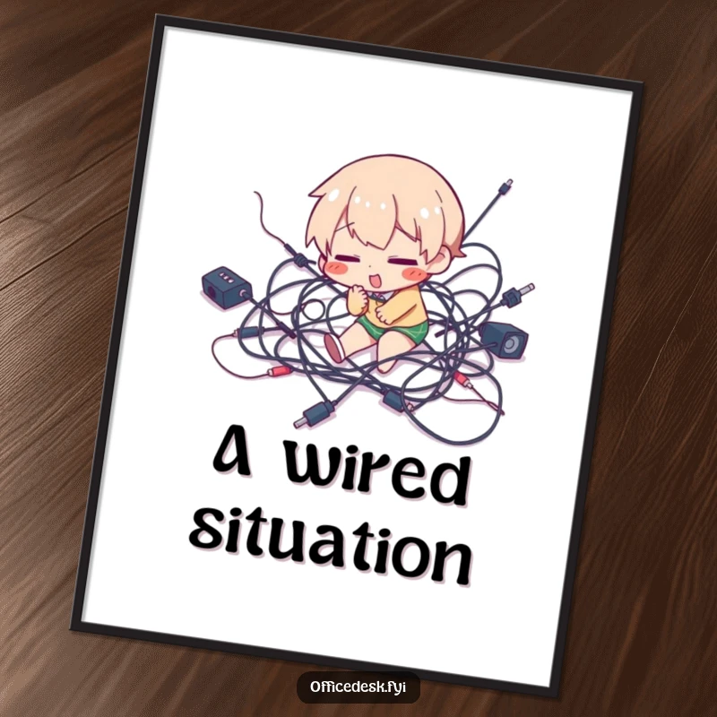Funny poster depicting a character comically tripping over an overwhelming tangle of wires, a piece of tech humor art.