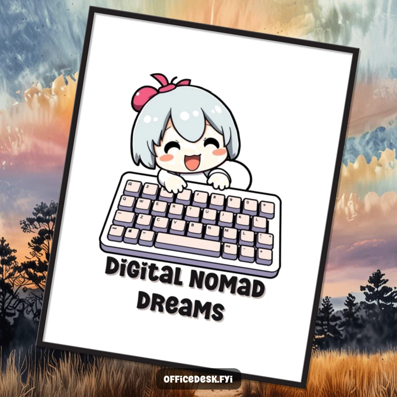 Funny Poster: Energetic character typing on an oversized keyboard, capturing the essence of tech humor and effort. Great funny gift.