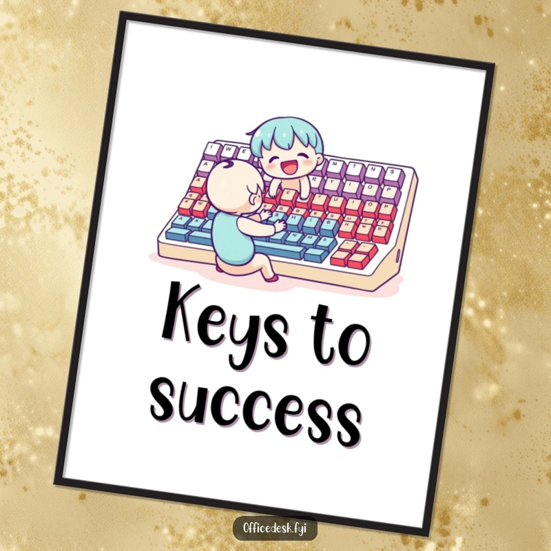 Funny Poster: A small, happy character joyfully typing on a comically large keyboard, depicting the excitement of digital work.