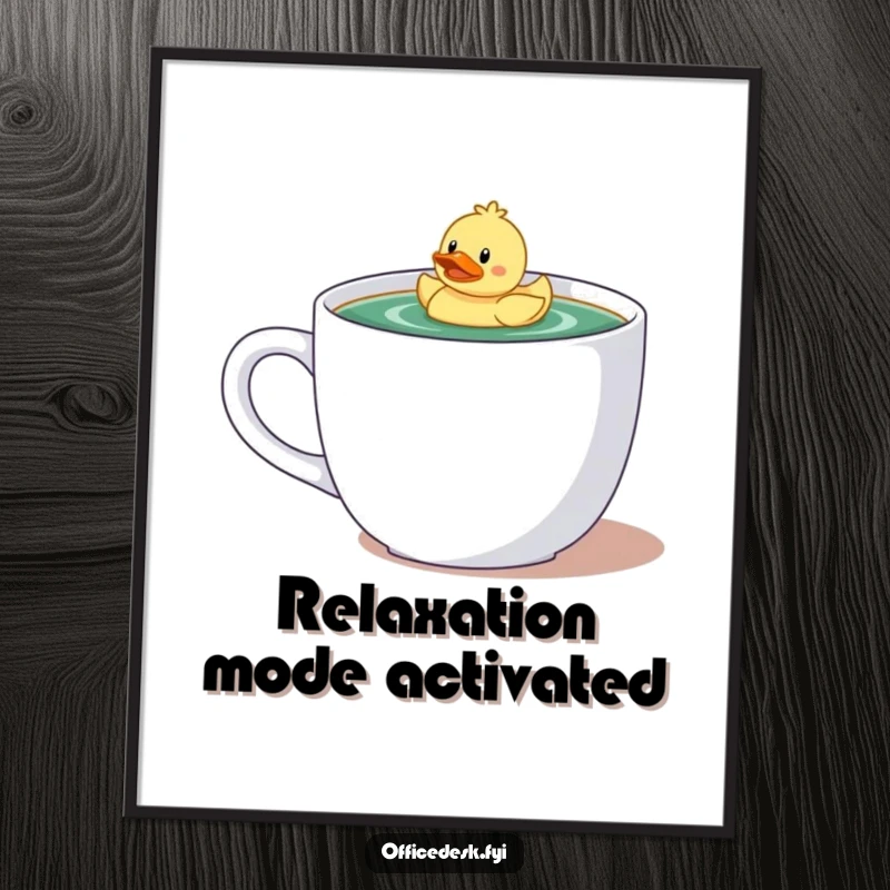 Funny poster depicting a tiny happy character with a rubber ducky floating in a giant coffee mug, perfect for whimsical wall decor.