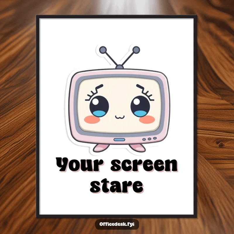 Funny poster art of a small computer monitor character with huge, wide eyes, capturing a moment of comical surprise or wonder.