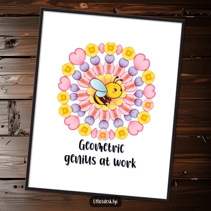 Funny poster of a busy bee meticulously arranging flower petals in a perfect geometric pattern, embodying nature's artistry and humorous design.