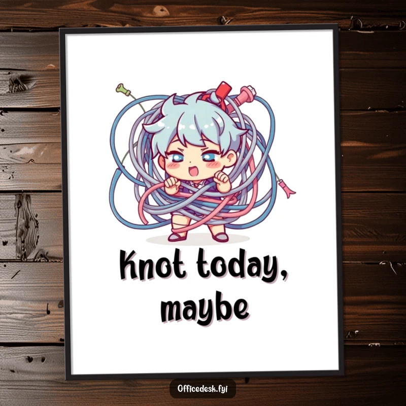 Funny Character Poster: A determined character untangling a giant knot of cables, a humorous depiction of problem-solving.