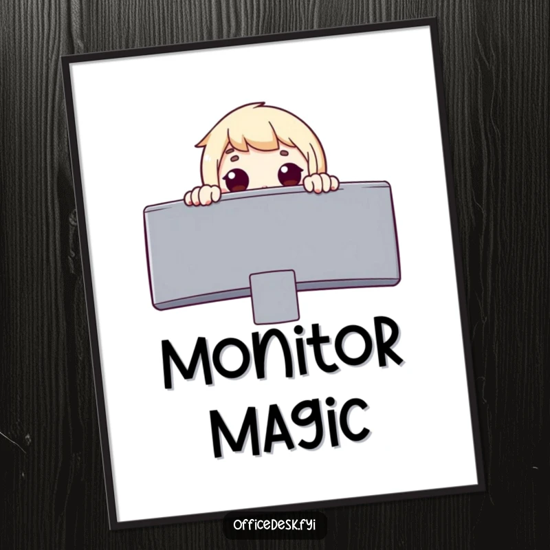 Funny poster art of a surprised character peeking over a huge monitor, conveying a powerful sense of wonder and discovery.