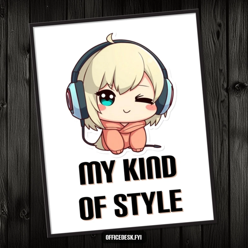 Funny poster showing a cute character with a mischievous wink wearing headphones backwards, perfect for music-themed playful decor.