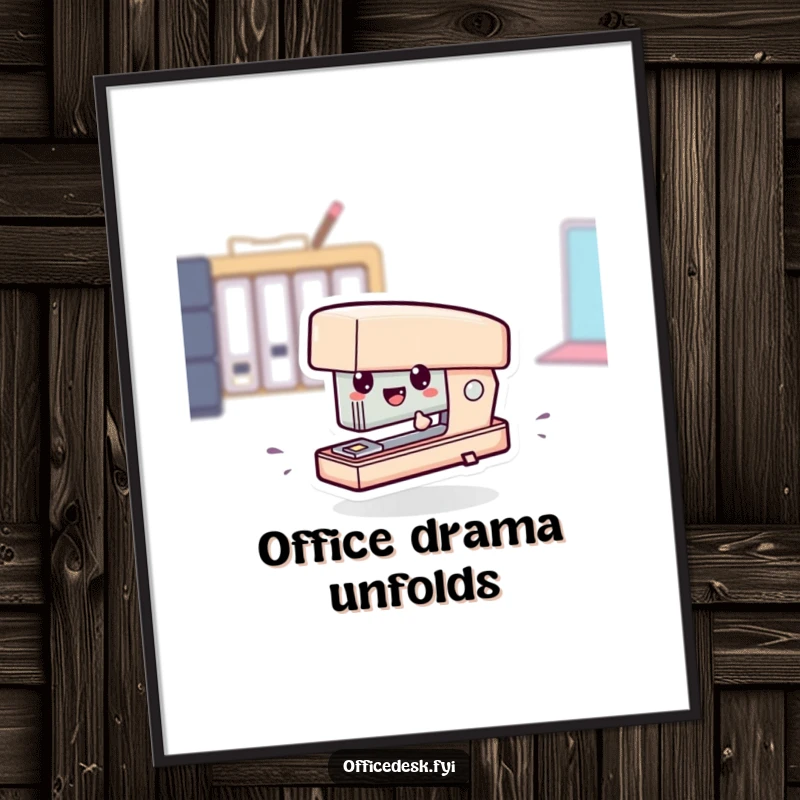 Funny poster of a tiny stapler character comically zipping across a surface, adding a dynamic and humorous element.