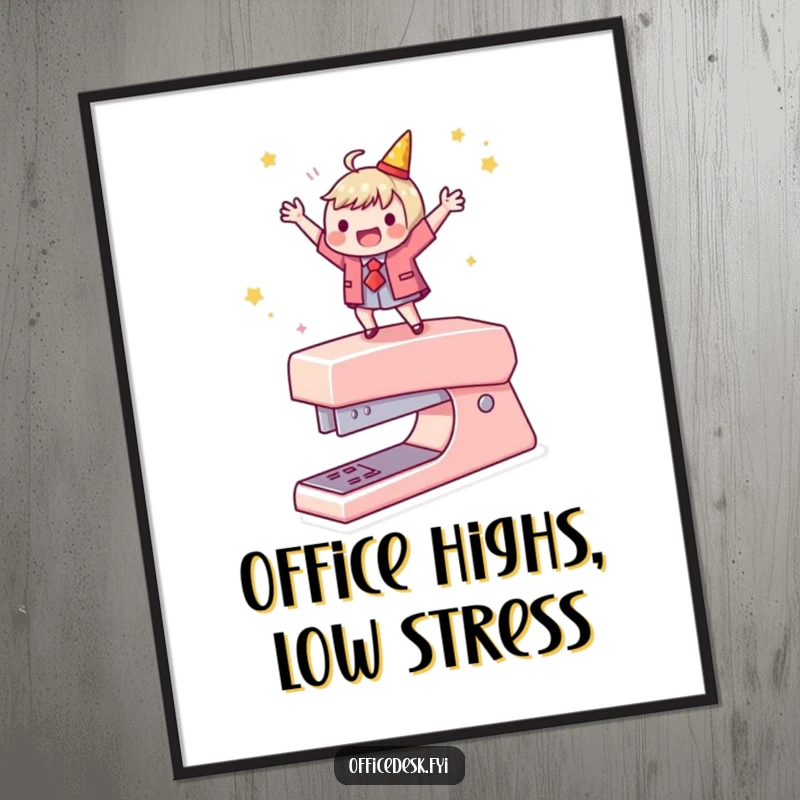 Funny poster art of a character dancing on a stapler, capturing hilarious office celebration and vibrant energy.