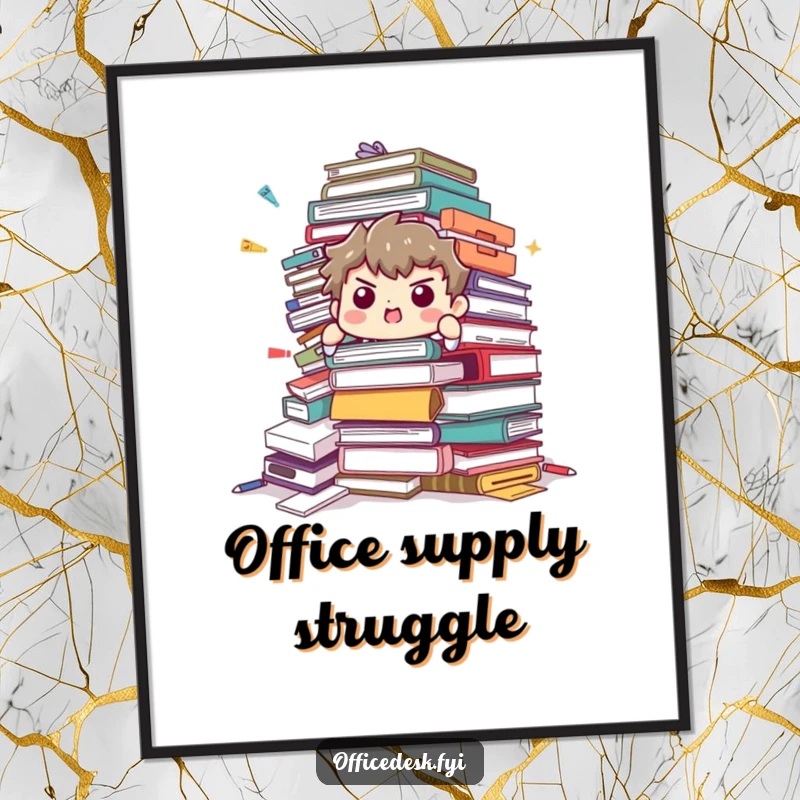 Funny Poster: A determined character with immense effort holds up a falling heap of office supplies, representing workload.