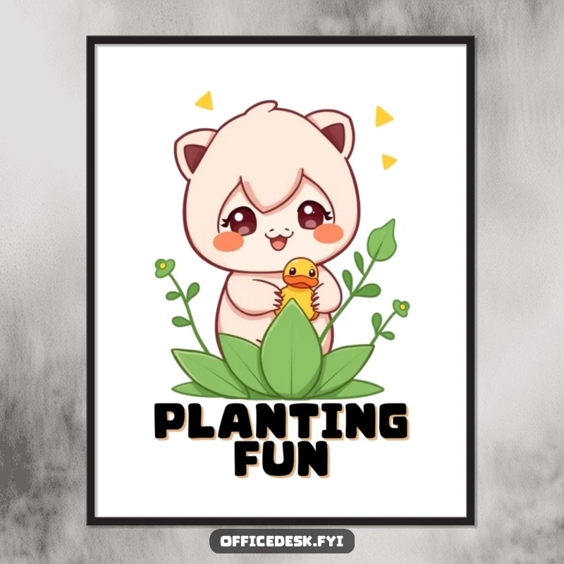 Funny poster art of a cute character hiding a rubber ducky in a plant, conveying playful mischief and endearing silliness.